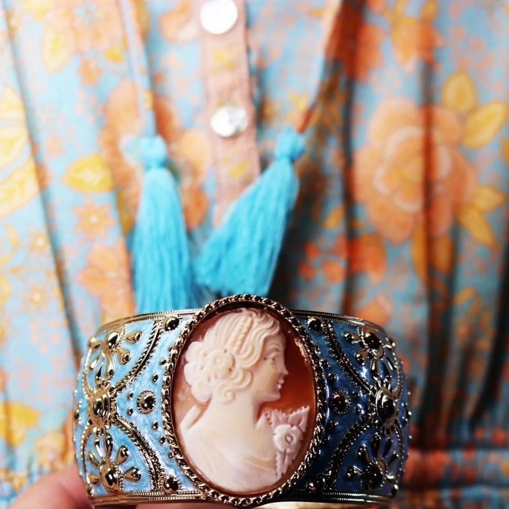 Amedeo Hand Carved Cameo Satin Blue Cuff Bracelet